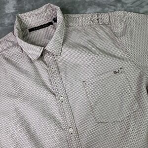 Sean John Men's 3XL Button Shirt Short Sleeve  Geometric Pocket Tan White Cotton